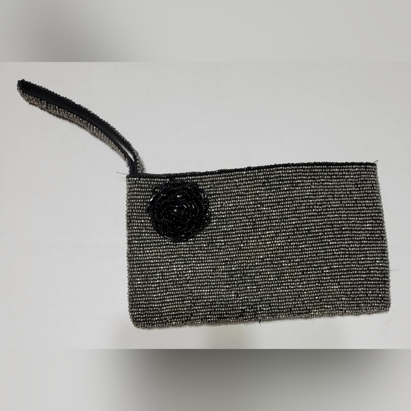Embellished Black and Silver Beaded Wristlet with Flower - Picture 1 of 5